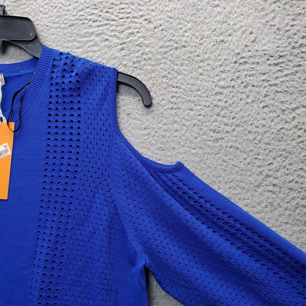 ONE A Sweater Womens XL Blue Knitted Cold Shoulder Sleeve High Low‎ Round Neck - Picture 4 of 7